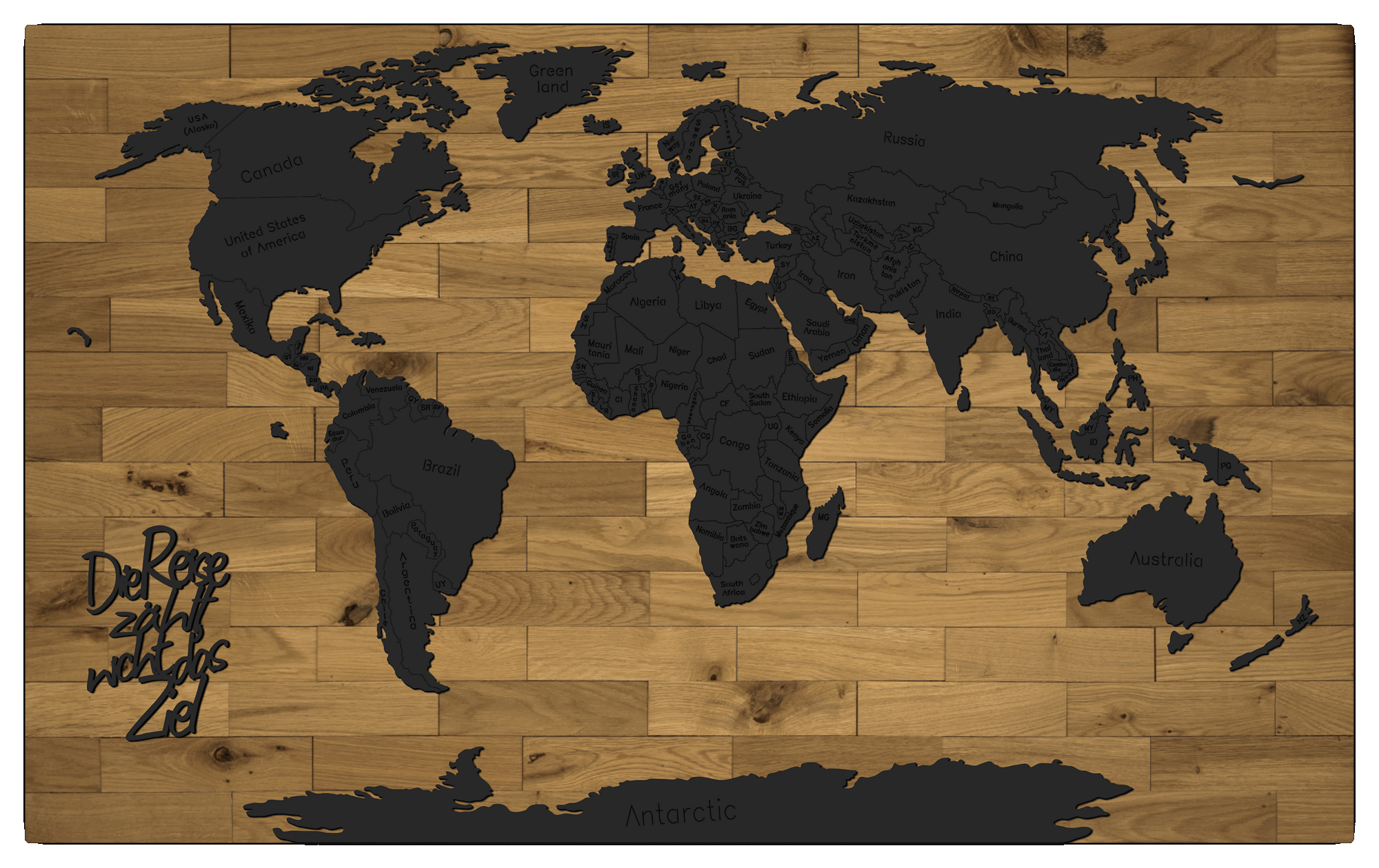 Beleuchtete 3D Weltkarte mit schwarzen Kontinenten aus Holz und Echtholz Hintergrund aus Eiche mit Mottospruch